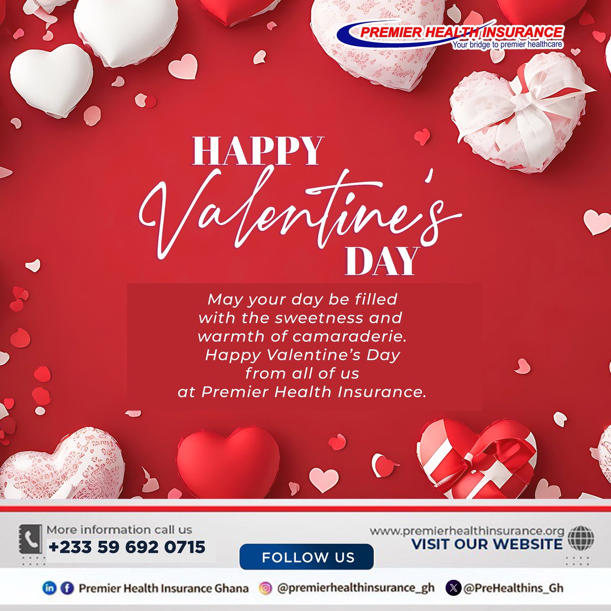 PreHealthIns_GH's tweet photo. This Valentine’s Day, we are sending love and gratitude to our amazing customers. Thank you for letting Premier Health Insurance be part of your journey to good health and happiness. Stay loved, stay healthy!❤️🌹
#HappyValentinesDay
#PremierCare
#PremierHealthInsurance https://t.co/wGPFV68q4K