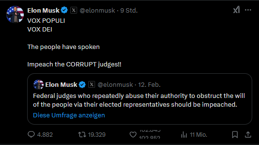 Wir erleben gerade einen Frontalangriff auf die Judikative. Gesetz gilt einfach nicht. Richter werden diffamiert, als Lügner beschimpft, öffentlich bloßgestellt und zu Freiwild erklärt. #Musk 

Aber Hauptsache, Ulf Poschardt geht es gut. 🥵