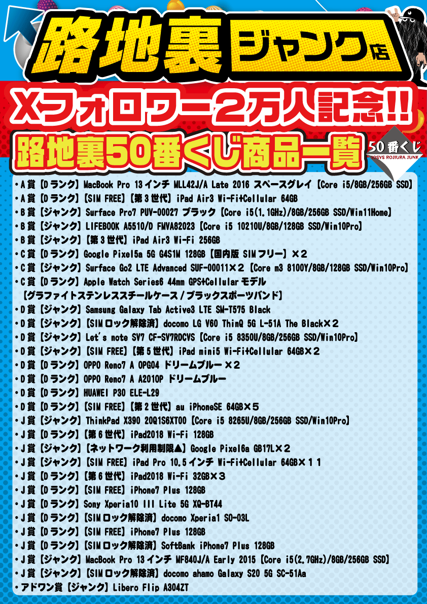 お待たせしました！ 2/15行います路地裏50番くじの商品ラインナップは