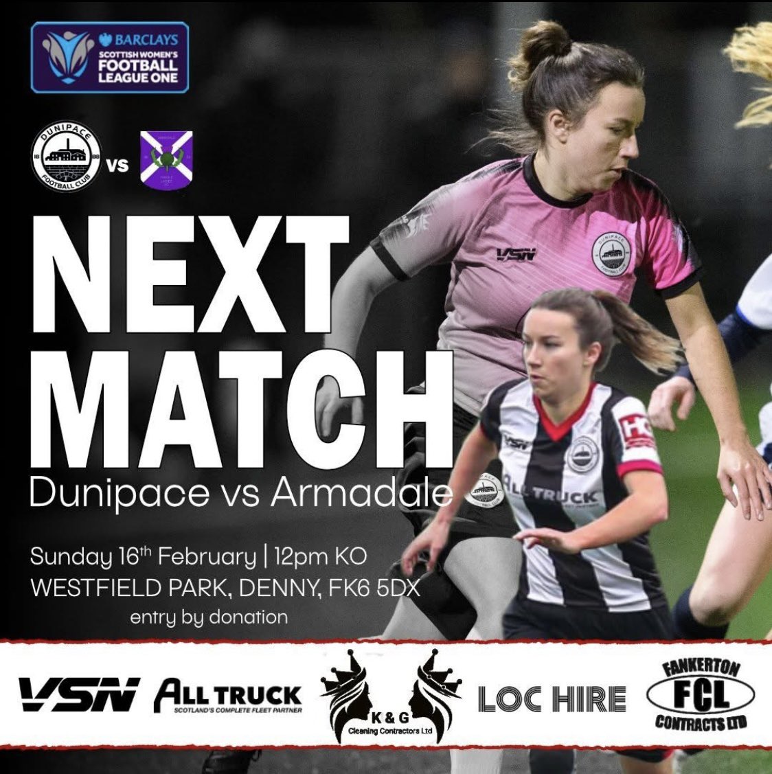 Dunipace FC Ladies (@dunipaceladies) on Twitter photo NEXT ๐โญ๏ธ
Armadale Thistle Ladies FC
<a href="/SWFLeagueOne/">Barclays Scottish Women's League One</a>
<a href="/Jax_Mc_Media/">Jax Mc Media</a>
MTP ๐ค๐ค NEXT ๐โญ๏ธ
Armadale Thistle Ladies FC
<a href="/SWFLeagueOne/">Barclays Scottish Women's League One</a>
<a href="/Jax_Mc_Media/">Jax Mc Media</a>
MTP ๐ค๐ค