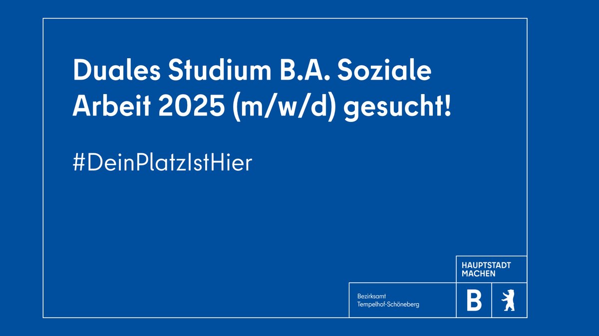 Das Jugendamt im Bezirksamt #Tempelhof-#Schöneberg sucht ab 01.09.2025 befristet für die Dauer des Dualen Studiums B.A. Soziale Arbeit 2025 (m/w/d).

Bewerbungsfrist: 🗓️ 23.02.2025

➡️ karriereportal-stellen.berlin.de/stellenangebot…

#Jobs #DeinPlatzIstHier