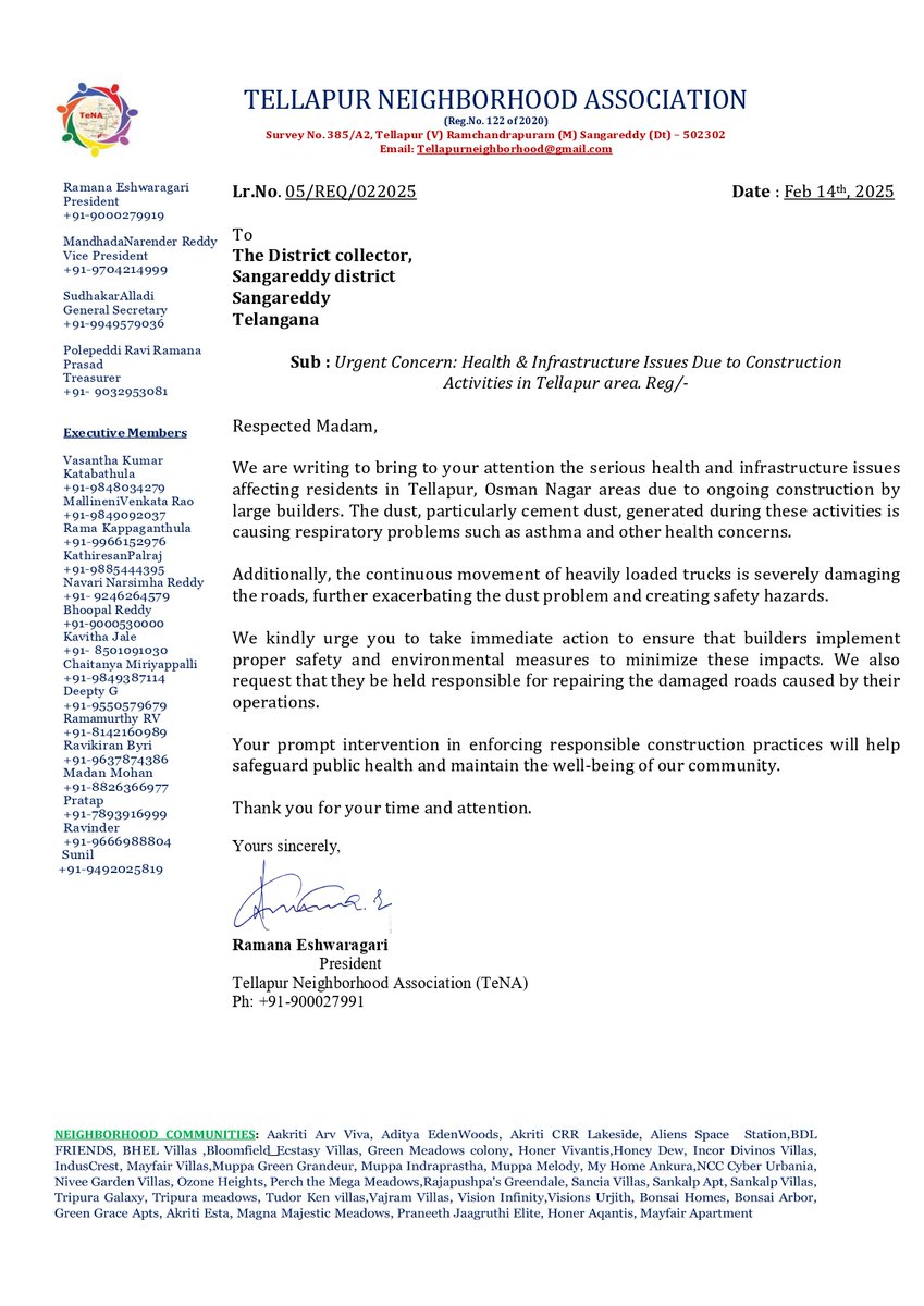 Tellapur Neighborhood Association - TeNA (@tellapurn) on Twitter photo <a href="/Collector_SRD/">Collector Sangareddy</a> garu,Residents are facing serious health issues due to unchecked construction dust, causing respiratory problems.Damaged roads from heavy trucks worsen the situation.We urge authorities to enforce safety measures & road repairs ASAP! #PublicHealth 🚧🏗️ <a href="/Collector_SRD/">Collector Sangareddy</a> garu,Residents are facing serious health issues due to unchecked construction dust, causing respiratory problems.Damaged roads from heavy trucks worsen the situation.We urge authorities to enforce safety measures & road repairs ASAP! #PublicHealth 🚧🏗️