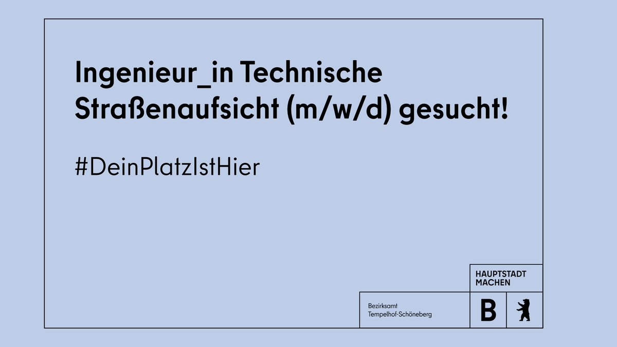 Das Straßen- und Grünflächenamt im Bezirksamt #Tempelhof-#Schöneberg sucht ab sofort und unbefristet Ingenieur_in Technische Straßenaufsicht (m/w/d).

Bewerbungsfrist: 🗓️ 02.03.2025

➡️ karriereportal-stellen.berlin.de/stellenangebot…

#Jobs #DeinPlatzIstHier
