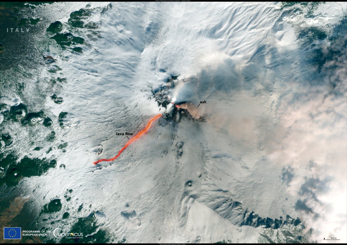 As of 8 February 2025, a new eruptive phase of the volcano Etna 🇮🇹 has begun.  

The volcano spewed out ash clouds and a lava flow extending approximately 3 kilometres. 

This image, acquired by #Sentinel2 on 12 February 2025, shows the lava flow descending from the volcano Etna.