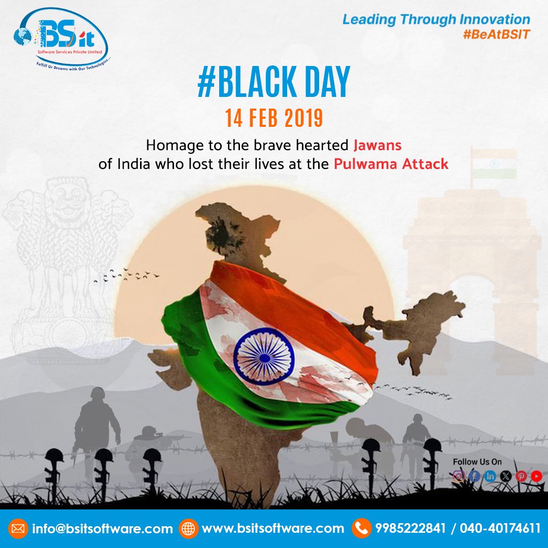bsitsoftware's tweet photo. 🖤 #BlackDay – 14 Feb 2019 🖤
We pay tribute to the brave Jawans who lost their lives in the Pulwama Attack. Their sacrifice will never be forgotten. 🇮🇳💙
#PulwamaAttack #NeverForget #SaluteToBravehearts #IndianArmy #JaiHind #WeStandWithForces #BlackDayIndia #BSITSoftware https://t.co/McdgzgEShd