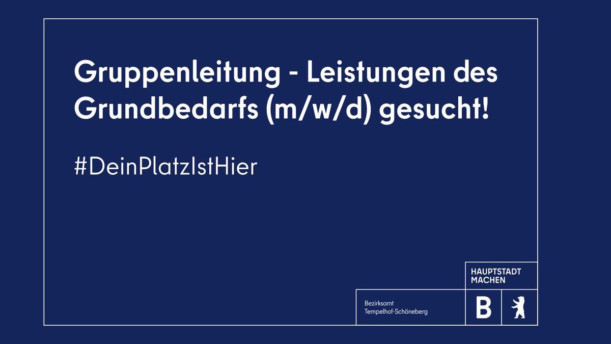 Das Amt für Soziales im Bezirksamt #Tempelhof-#Schöneberg sucht ab 01.04.2025 unbefristet eine Gruppenleitung - Leistungen des Grundbedarfs (m/w/d).

Bewerbungsfrist: 🗓️ 02.03.2025

➡️ karriereportal-stellen.berlin.de/stellenangebot…

#Jobs #DeinPlatzIstHier