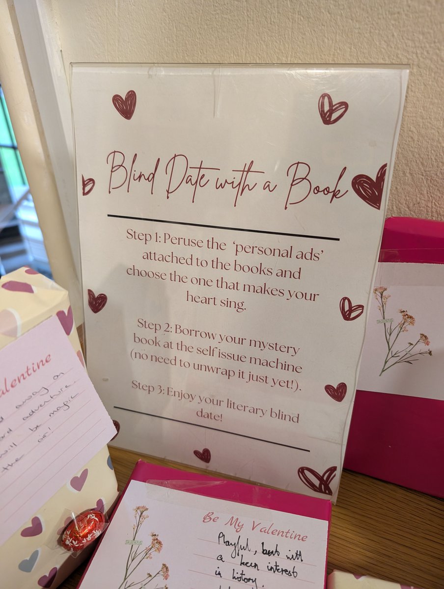 Happy Valentine's Day! Have you dropped by the Library for a 'Blind Date with a Book' yet? Our love-themed pop-up display features mystery books, enticingly wrapped with tempting descriptions - perfect for a cozy read. Plus, enjoy some Love Hearts &amp; Jammy Dodgers as you browse!