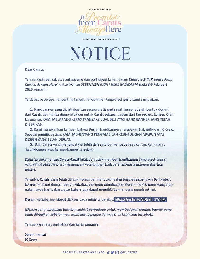 [IMPORTANT ANNOUNCEMENT REGARDING FAN PROJECT HAND BANNER]

Carats, please take a moment to read this important notice. Thank you

#SVT_RIGHT_HERE_IN_JAKARTA #APromiseFromCaratsAlwaysHere