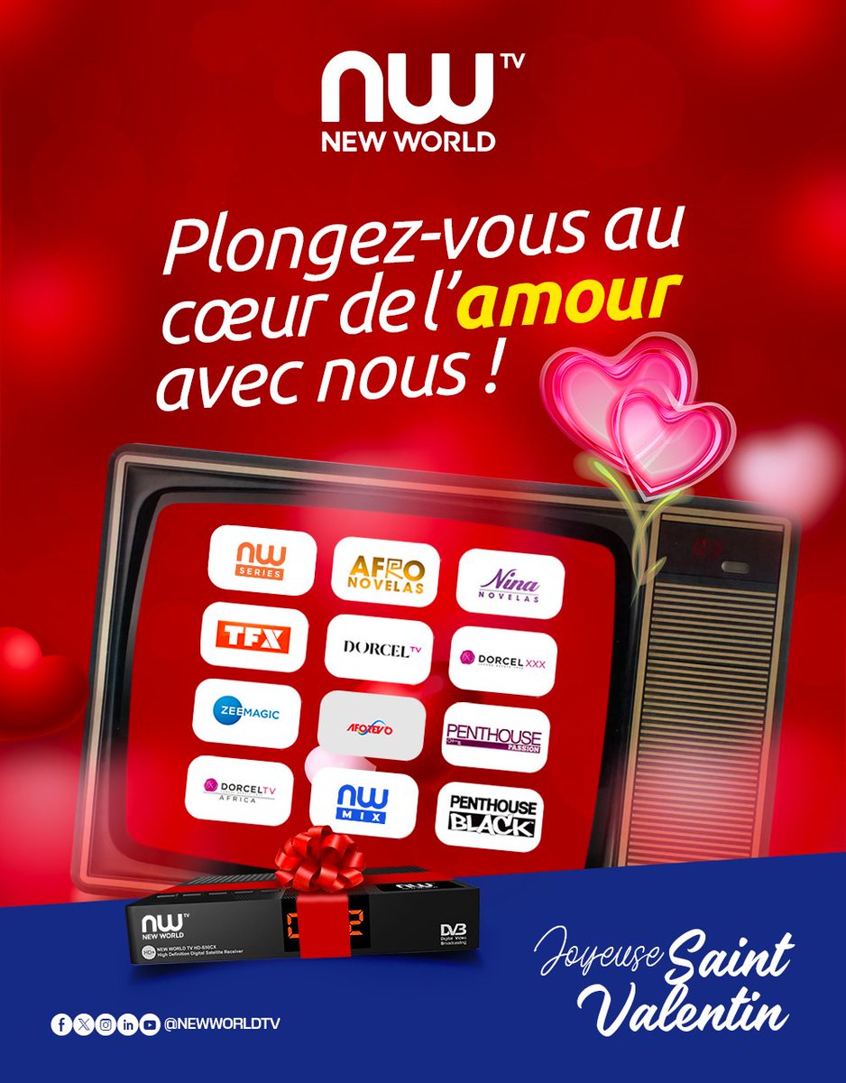 Films romantiques, séries captivantes et émotions fortes : célébrez l’amour avec nous, en solo, en duo ou en famille.

Parce que l’amour, c’est aussi partager des moments magiques devant l’écran.

#NewWorldTV #SaintValentin #amouretcinéma