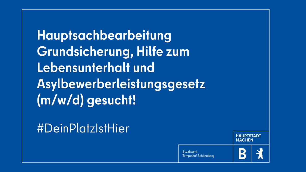 Das Bezirksamt #Tempelhof-#Schöneberg sucht ab 01.05.2025/zum nächstmöglichen Zeitpunkt unbefristet eine Hauptsachbearbeitung Grundsicherung, Hilfe zum Lebensunterhalt und Asylbewerberleistungsgesetz (m/w/d).

Bewerbungsfrist: 🗓️ 02.03.2025

➡️ karriereportal-stellen.berlin.de/stellenangebot…

#Jobs