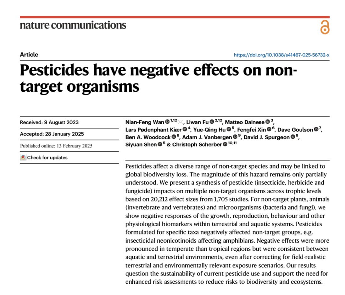 ‚Pesticides have negative effects on non-target organisms’ 

Relevant new paper by Wan et al. in Nature Communications

„…that insecticides, fungicides and herbicides have broad-scale detrimental effects on all groups of non-target organisms tested.…“

nature.com/articles/s4146…