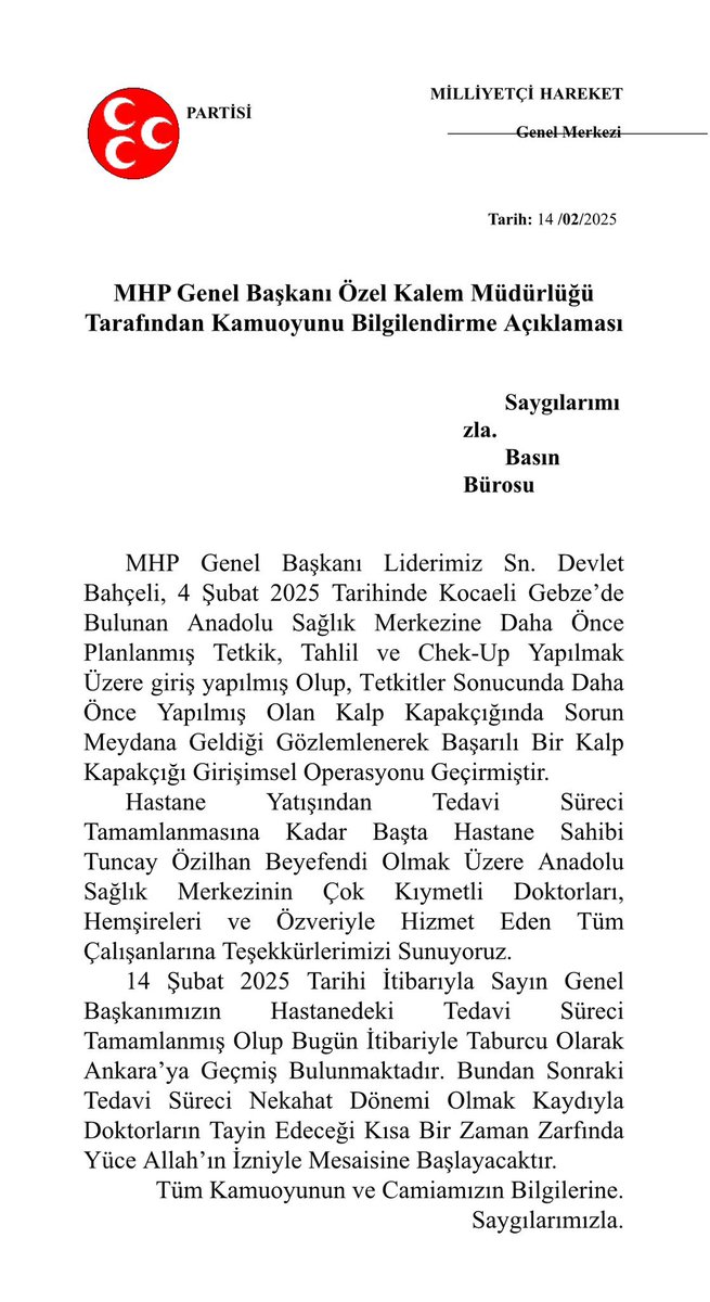 MHP Genel Başkanı Sayın Devlet Bahçeli’nin Özel Kalem Müdürü Sayın Murat Çeliker’in kamuoyunu bilgilendirme açıklaması…