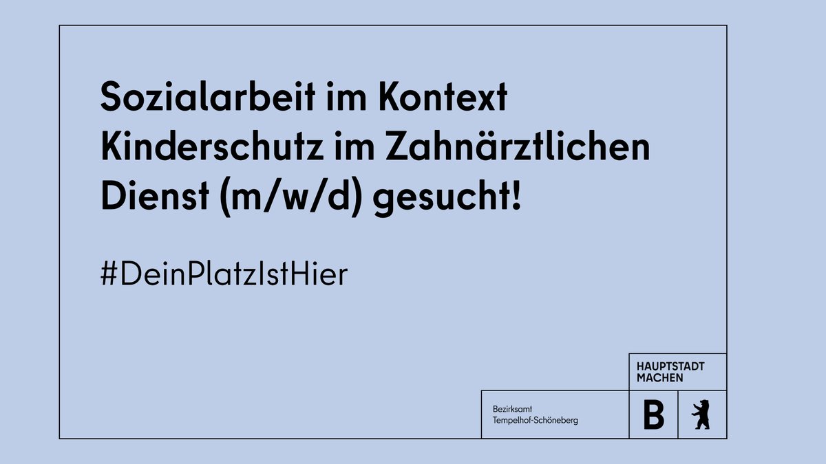 Das Gesundheitsamt im Bezirksamt #Tempelhof-#Schöneberg sucht ab 01.04.2025 unbefristet Sozialarbeit im Kontext Kinderschutz im Zahnärztlichen Dienst (m/w/d).

Bewerbungsfrist: 🗓️ 02.03.2025

➡️ karriereportal-stellen.berlin.de/stellenangebot…

#Jobs #DeinPlatzIstHier