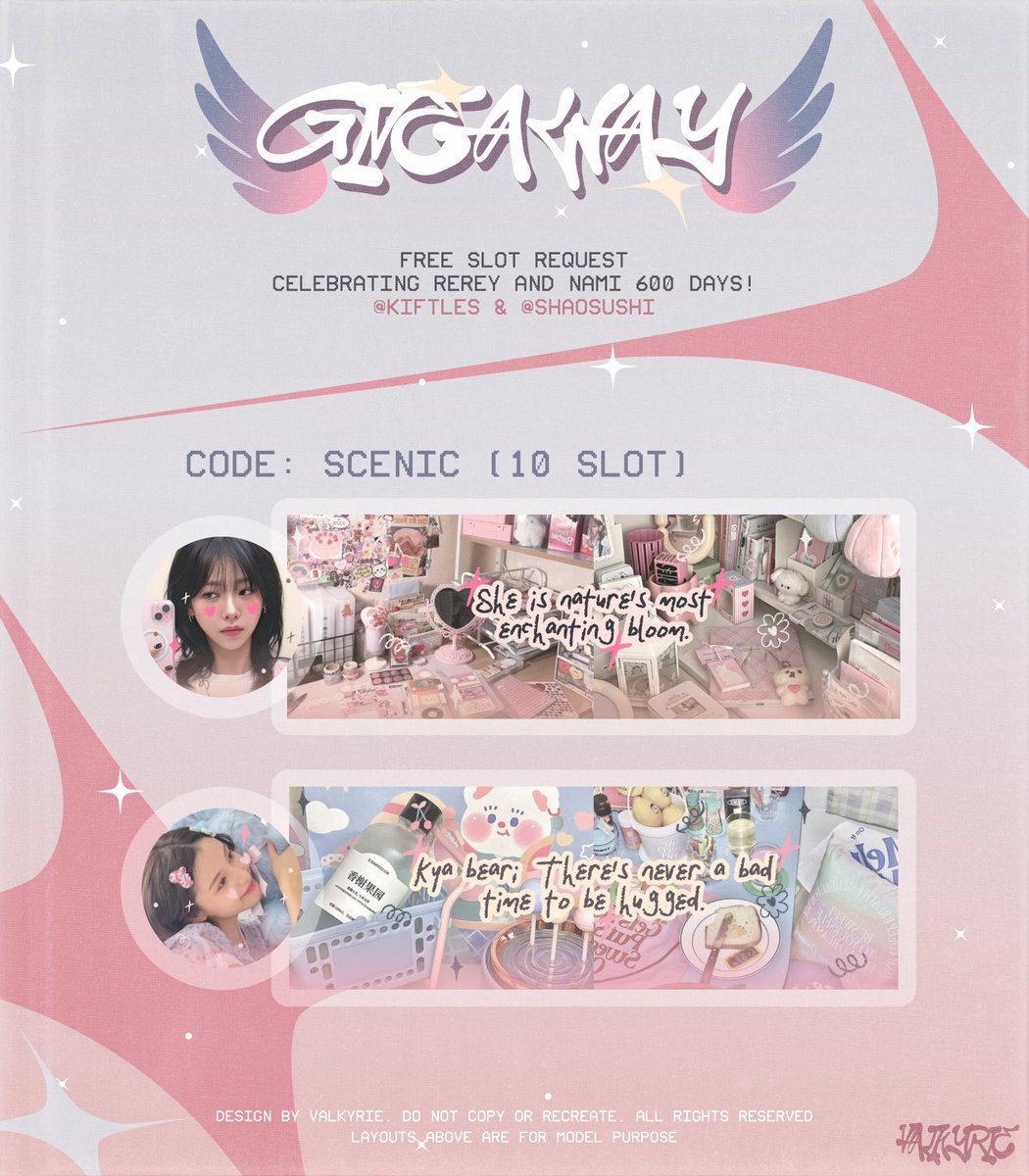 HELP REPOST? thank you 🎀

hai! hari ini (14/2) vaL ada 10 FREE SLOT SCENIC yang bisa diklaim dalam rangka merayakan 600 hari kak rerey <a href="/kiftles/">َ</a> dan kak nami <a href="/shaosushi/">namira</a> 💖🩰

💌 : DM ke <a href="/valkyriue/">VaL</a> 
⏰ : 19.30 WIB

scroll for more details! #zonauang #zonaba