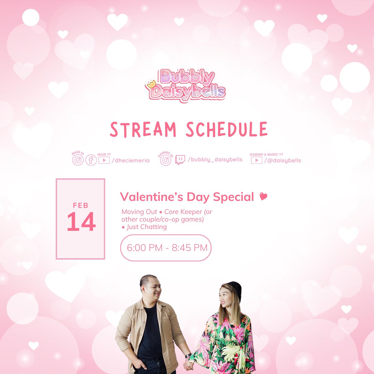 dheciemeria's tweet photo. Alright, i've decided to finally go live today 🤭 to celebrate this special day with @zoddsenpai (i mean, we have to celebrate love everyday, not only on Valentine's day 😅)! If you got no date and no one to chat with, feel free to visit us and catch us on https://t.co/DK2H2M60OQ ☺️

Please also see the poster and be updated with my scheduled livestreams next week! You'll be seeing Princess Daisybells a lot more too! 🤭