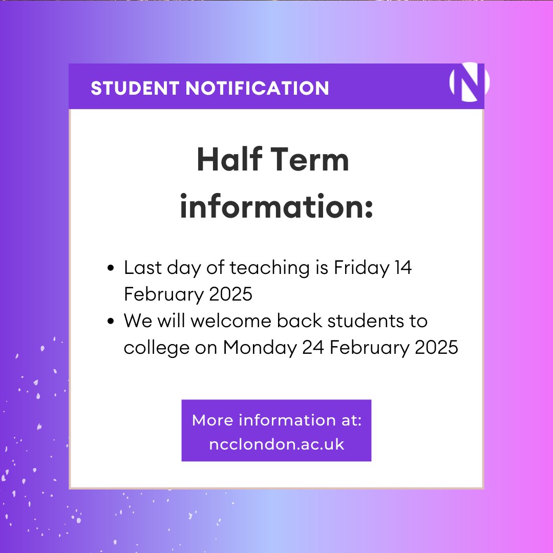 The February half-term break is almost here! Today marks the last day of teaching, and we look forward to welcoming students back on Monday 24 February 2025.  

Wishing you a wonderful break—take time to rest, relax, recharge, and, most importantly, stay safe!