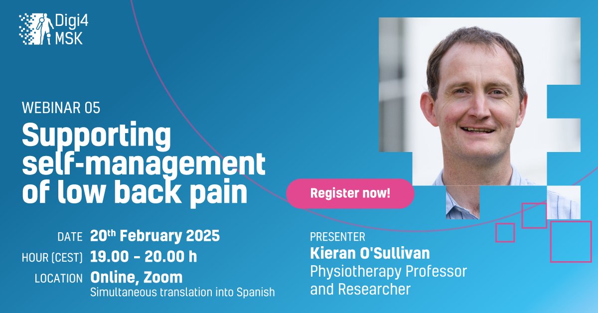 Digi4MSK (@digi4msk) on Twitter photo 🎤 LIVE ONLINE: "Supporting self-management of low back pain" 🖥️🔎
🗓️ Date: February 20
⏰ Time: 19:00 - 20:00 (CET)
đź’» Where? Live on ZOOM
This is not just another webinar—it’s a live and interactive session! 💬
Join Kieran O'Sullivan <a href="/kieranosull/">Kieran O'Sullivan</a> (Physiotherapy Professor & 🎤 LIVE ONLINE: "Supporting self-management of low back pain" 🖥️🔎
🗓️ Date: February 20
⏰ Time: 19:00 - 20:00 (CET)
đź’» Where? Live on ZOOM
This is not just another webinar—it’s a live and interactive session! 💬
Join Kieran O'Sullivan <a href="/kieranosull/">Kieran O'Sullivan</a> (Physiotherapy Professor &