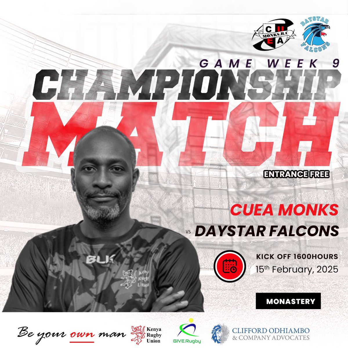 CUEA Monks Rugby (@cueamonksrugby) on Twitter photo Happening at The Monastery, we take on <a href="/DUFalconsRugby/">Daystar Falcons Rugby</a> … who will go home with the flowers?? Come and find out
#monkssupremacy #monksinred #RugbyKe #KRUChampionship Happening at The Monastery, we take on <a href="/DUFalconsRugby/">Daystar Falcons Rugby</a> … who will go home with the flowers?? Come and find out
#monkssupremacy #monksinred #RugbyKe #KRUChampionship