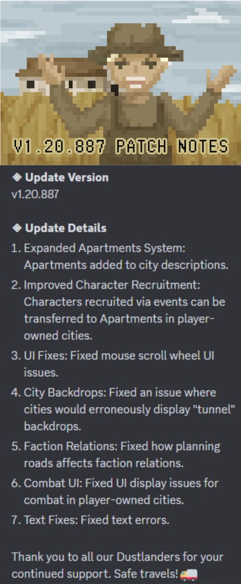 Dustlandelivery's tweet photo. Hello, Dustlanders!🥰🥰🥰

Thanks for your patience. After a short break, the Dustland Delivery team is back to work! 

See below for improvements and fixes in the latest update:

#DustlandDelivery https://t.co/bIHTdGRr2P