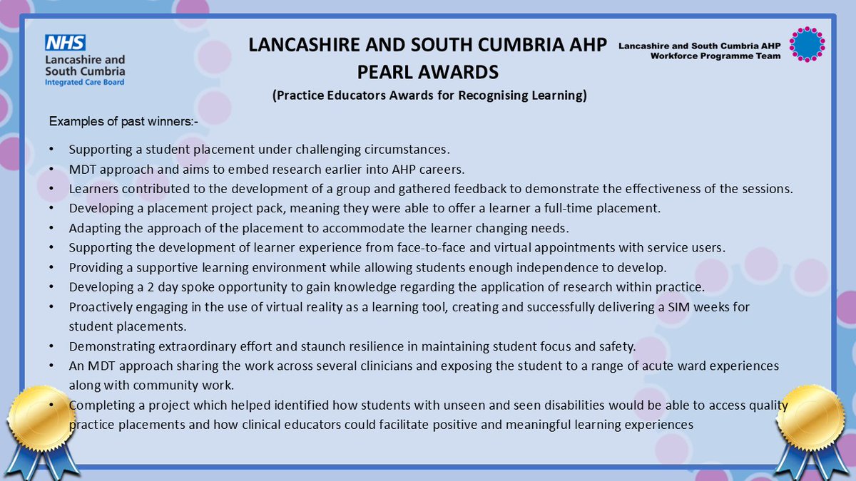 The Practice Educators Awards for Recognising Learning (PEARL) are now open for April 2025. This is a great opportunity to promote and celebrate the fantastic AHP placement experience on offer across Lancashire and South Cumbria #AHPs #recognisinggoodwork #Students #placement