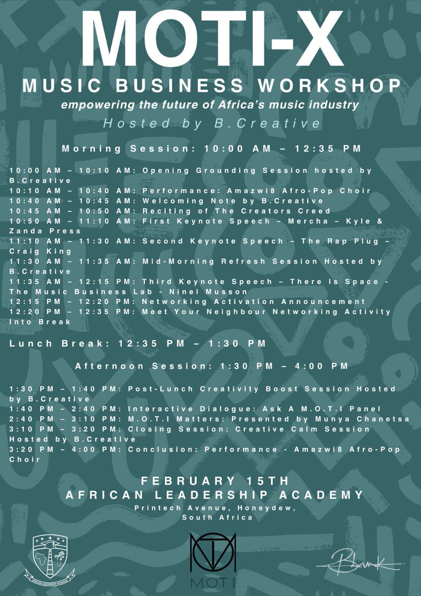 MOTI-X Music Business Workshop
Program @munyachanetsa
Saturday 15th Feb 2025
Brought to you by <a href="/ALAcademy/">ALA</a>  x <a href="/blank/">blank</a>.ala