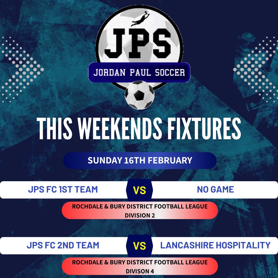 🔵⚫️ This weekends fixtures ⚫️🔵

#JPSFC #JPSfootballclub #grassrootsfootball