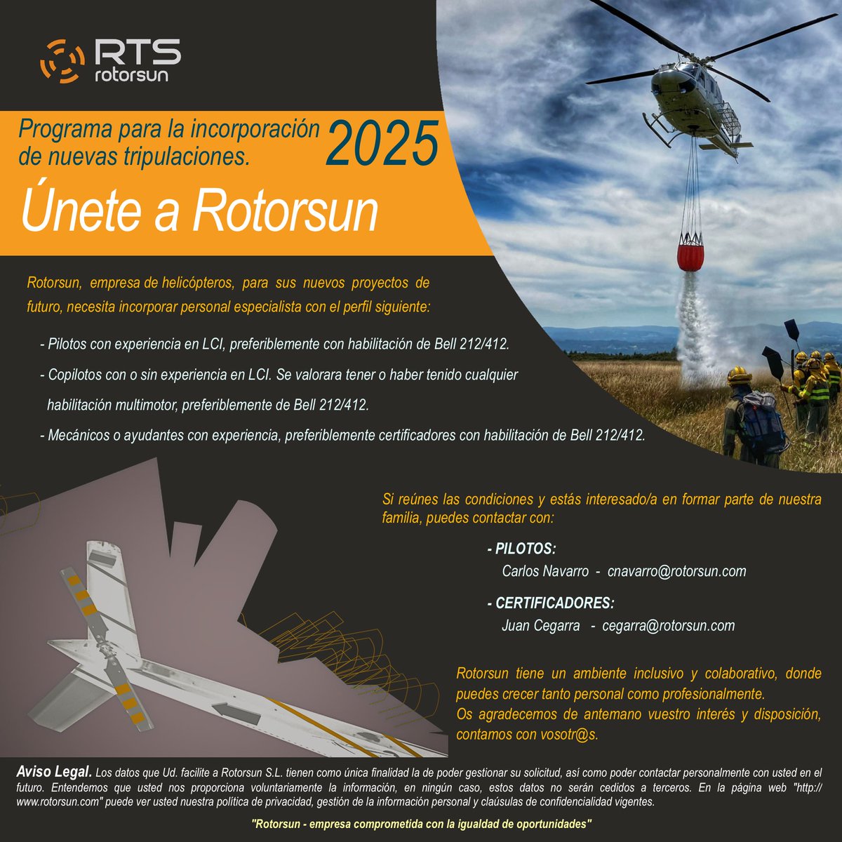 Rotorsun's tweet image. 📢 ¡Pilotos, copilotos y mecánicos! 🚁
Rotorsun busca tripulaciones para 2025. Si tienes experiencia y quieres formar parte de un equipo dinámico, ¡te estamos esperando!

🚀 ¡Únete a #Rotorsun y haz despegar tu carrera!
#Aviación #Pilotos #Helicópteros #OfertaDeEmpleo