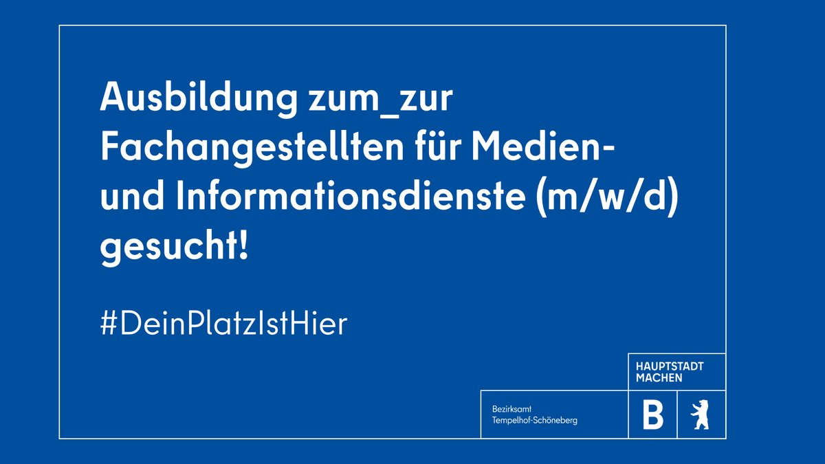 Das Amt für Weiterbildung und Kultur im Bezirksamt #Tempelhof-#Schöneberg bietet ab 01.09.25 befristet für 3 Jahre eine Ausbildung zum_zur Fachangestellten für Medien- und Informationsdienste (m/w/d) an.

Bewerbungsfrist: 🗓️ 16.03.2025

➡️ karriereportal-stellen.berlin.de/stellenangebot…

<a href="/TobiasDollase/">Tobias Dollase</a>