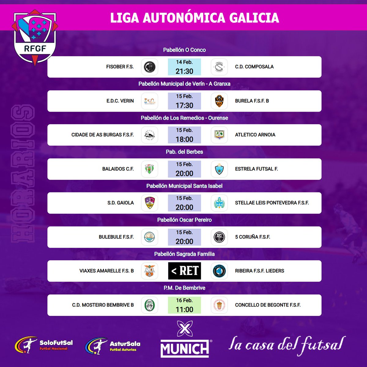 SoloFutSal_'s tweet image. 🟣 LIGA AUTONOMICA GALICIA
📆 19ª JORNADA /⏰ HORARIOS 

✍️ Consulta los horarios de la jornada
📎 solo-futsal.es/liga-autonomic…

🔀 Visita los perfiles de los equipos de la categoría 
@LeisPontevedra @5Corunafs #estrelafutsal @burelafs @RibeiraFs @Balai2cf @sdgaiola @bembrivefs…
