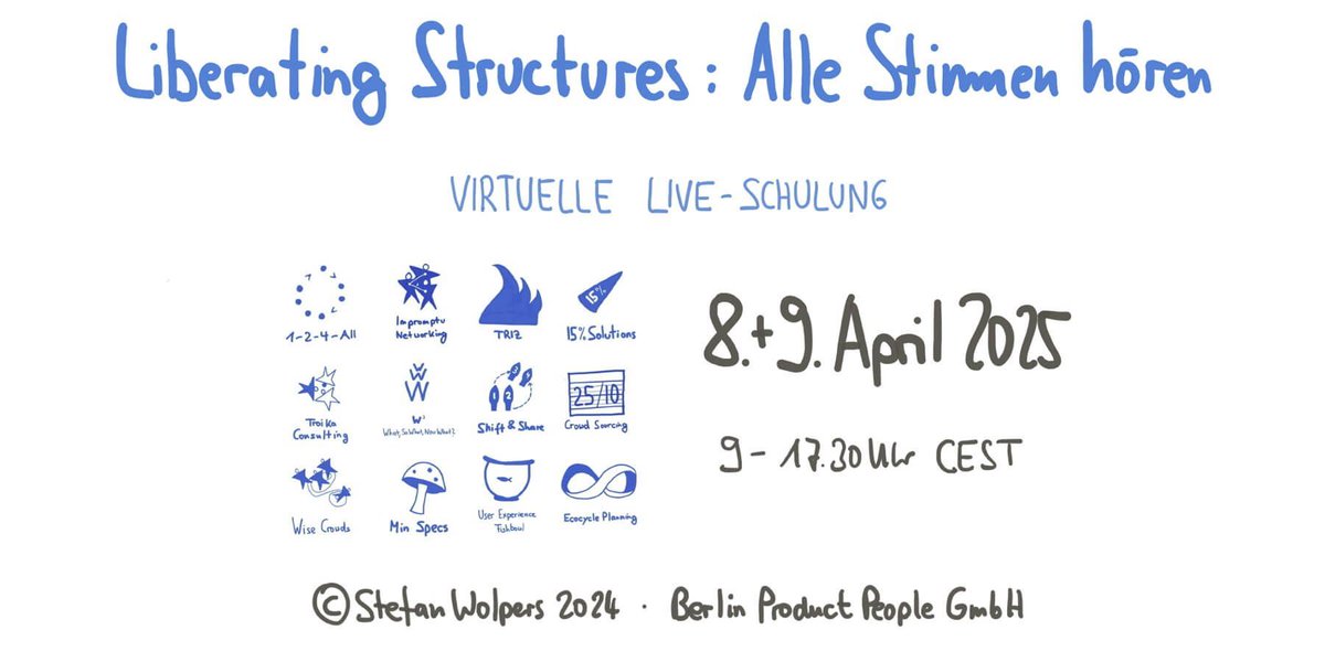 AgeOfProduct's tweet image. Morning!

🎓 🇩🇪 🖥 “Stefan is the ideal trainer for Liberating Structures! Through his work as an Agile Coach, he knows them inside out.”

Am 8. und 9. April 2025 — €499:

" #LiberatingStructures #Workshop: Alle Stimmen hören" buff.ly/40lIXMS @Berlin_PP