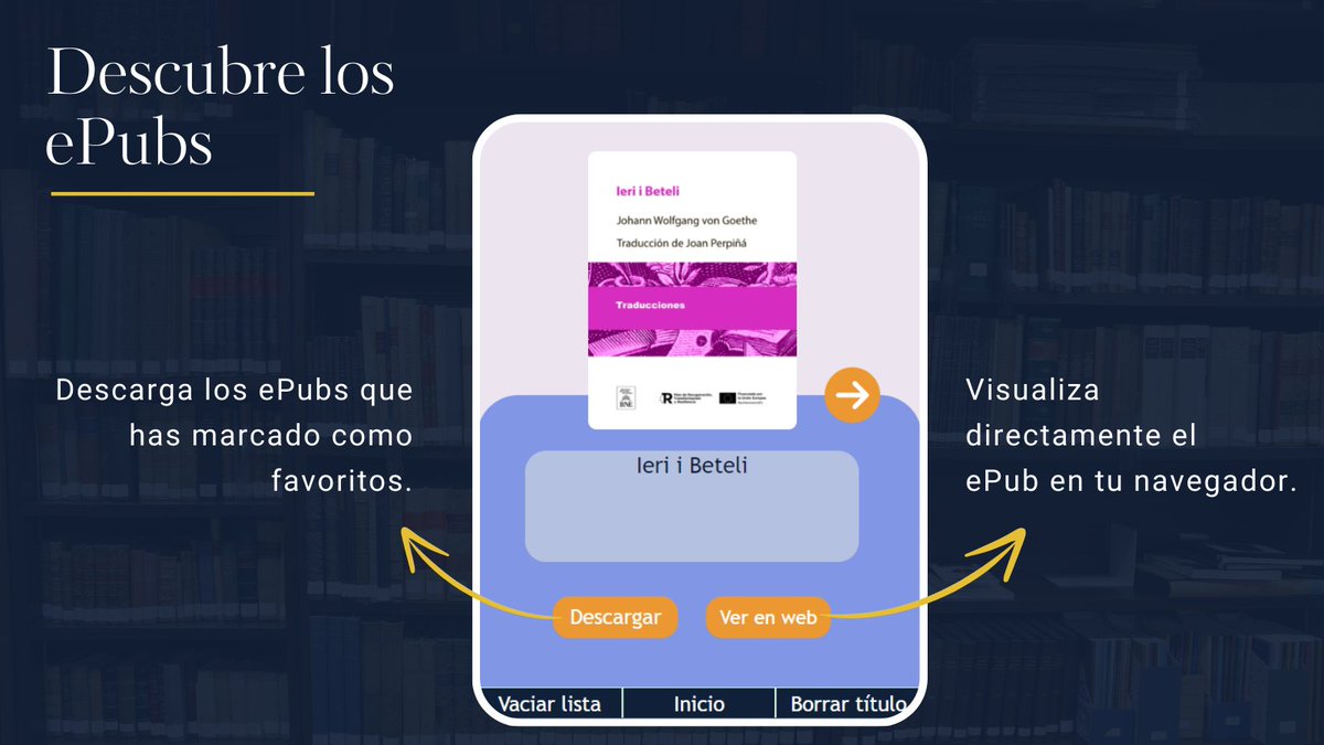 BNE_biblioteca's tweet image. Con la #ePubteca, una app para filtrar y guardar tus lecturas favoritas de la colección de #ePubs de la @BNE_biblioteca, encontrarás muchos mundos de los que enamorarte. 💞#LibraryLoversDay
🔗bne.es/es/noticias/bn…
