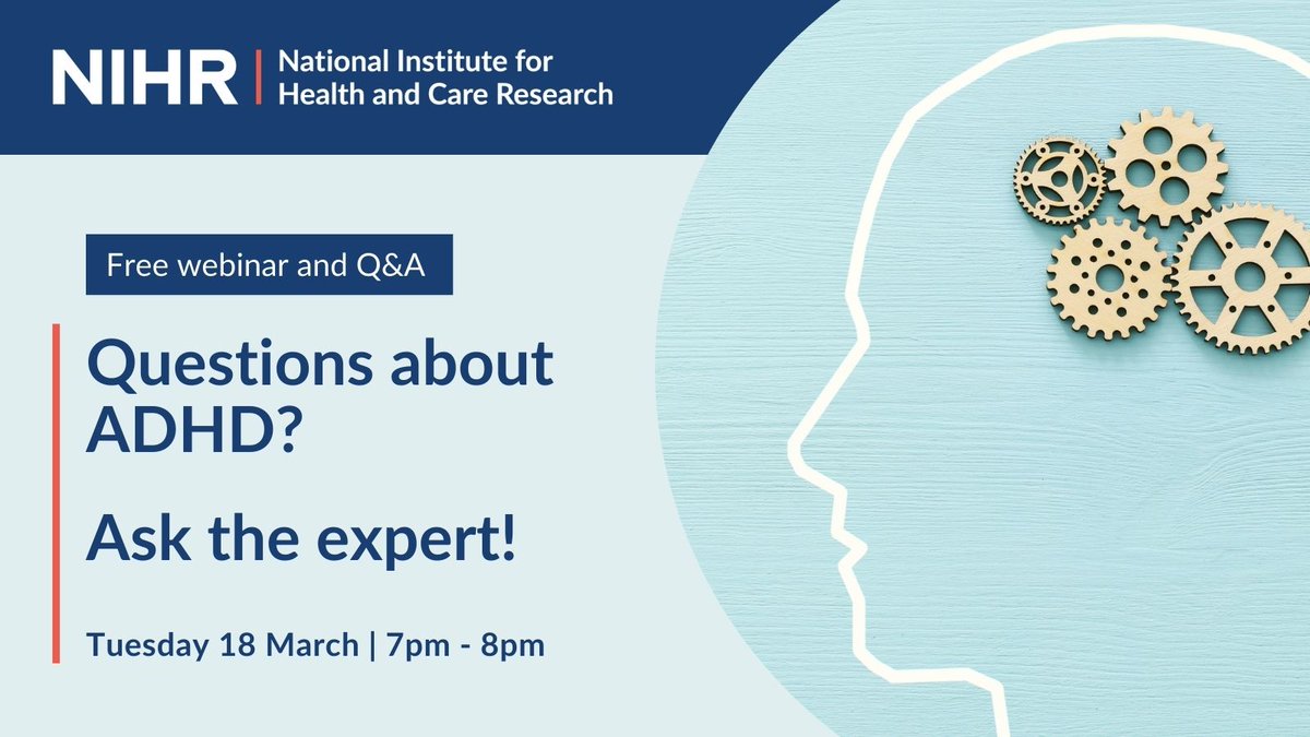 Do you want to learn more about ADHD research?

You can ask leading specialists at a free online webinar.

🗓️ Tuesday 18 March
🕖 7pm-8pm

Find out more: rdn.nihr.ac.uk/news/questions…