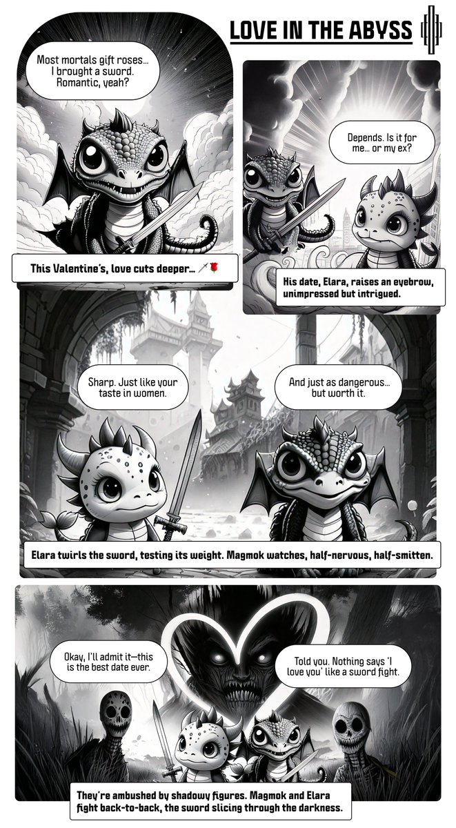 Darkverse Valentine's Special: Love in the Abyss 🔥

This Valentine’s Day, dive into the dark romance of the Darkverse, where love is as dangerous as it is intoxicating. 💀💔

In special comic strips, follow the twisted tale of Levi, the adorably menacing creature of The Lair, a