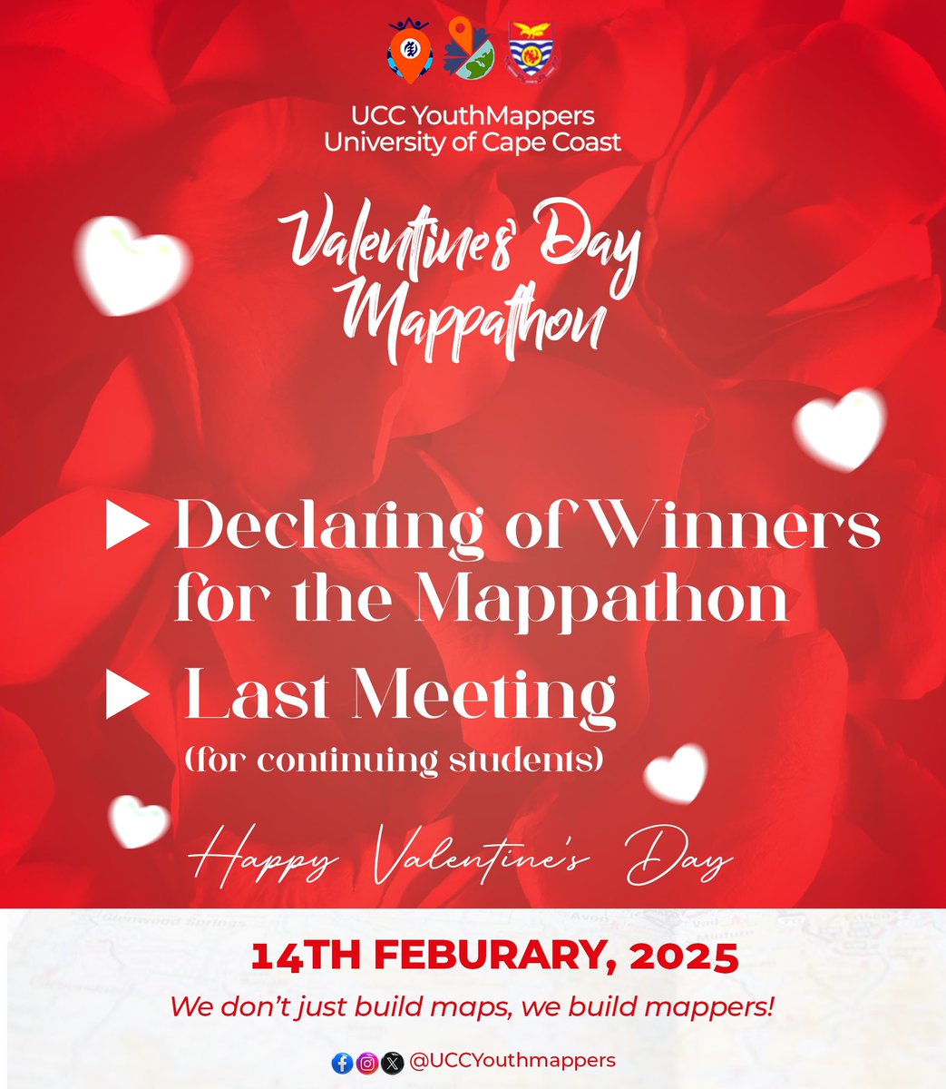 YouthmappersUCC's tweet image. ‼️🌍💫🌍❤️🌍💫🌍❤️🌍‼️
Map out your Valentine’s Day with us!
We’re announcing the Mapathon champs.🥳
Don’t miss our final session for continuing students this Valentine’s Day.❤️
#UCCyouthmappers😮💨🗺️
HappyValentine’sDay❤️
#MapathonWinners🥳
WeDon’tJustBuildMapsWeBuildMappers😮💨🌍