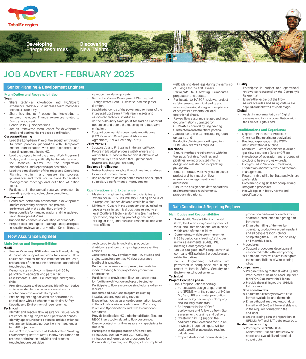 TotalEnergiesUG's tweet photo. #JobOpportunities

We’re hiring! Here is your chance to join #TotalEnergiesEPUganda as:

✅Senior Planning and Development Engineer
✅Flow Assurance Engineer
✅Data Coordinator & Reporting Engineer
✅Digital & Quantum Engineer
✅Junior Metering Engineer

Checklist:
✅Review the advert and job requirements.
✅Review and update your CV
✅Submit your application.

🗓️Deadline:  28th, February 2025

🔗Details: https://t.co/h4vZHhkiBY

#GOODLUCK