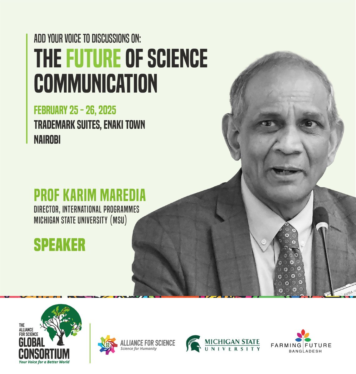 Alliance for Science (@scienceally) on Twitter photo Join Prof. Karim Maredia, Director of International Programmes at <a href="/michiganstateu/">MSU</a>, as he shares insights on the evolving landscape of science communication. Be part of the conversation and contribute to impactful discussions! #FutureOfScienceCommunications <a href="/SheilaAfrica/">Dr. Sheila Obim (formerly Ochugboju)</a> <a href="/mqhlay/">Muganda Clay</a> Join Prof. Karim Maredia, Director of International Programmes at <a href="/michiganstateu/">MSU</a>, as he shares insights on the evolving landscape of science communication. Be part of the conversation and contribute to impactful discussions! #FutureOfScienceCommunications <a href="/SheilaAfrica/">Dr. Sheila Obim (formerly Ochugboju)</a> <a href="/mqhlay/">Muganda Clay</a>