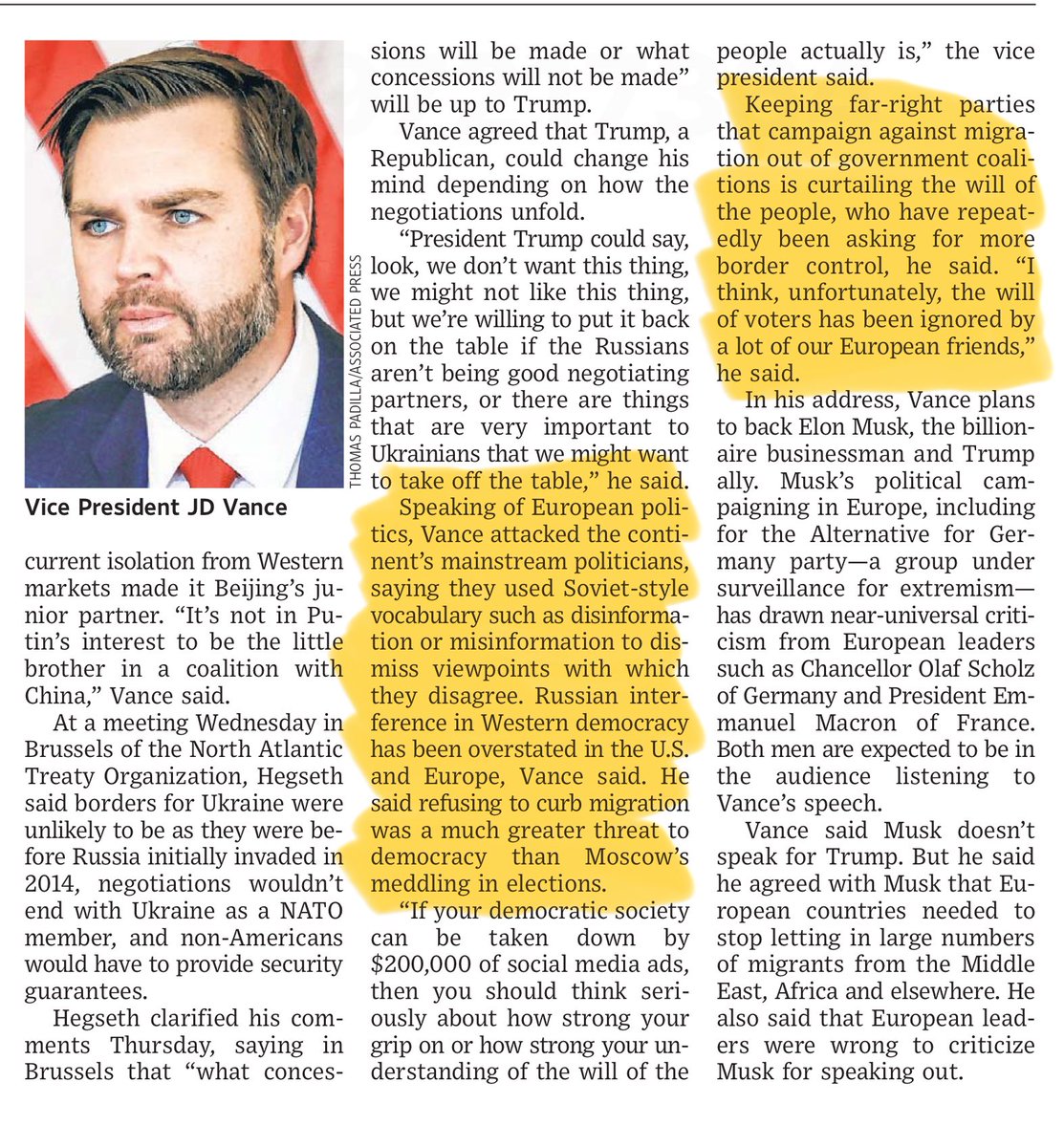 Regime change is back in US policy, at home and abroad. Vice-President J.D. Vance wants the fire wall to be torn down and the far right to be part of the German government. 
Extraordinary meddling just a week before German elections. (WSJ report)