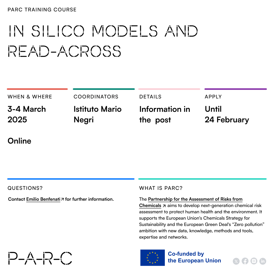 📢 Free Remote Training on In Silico Models &amp; Read-Across!

Join PARC’s online course on March 3-4, 2025, focusing on VEGAHUB models for human, ecotoxicological, and environmental risk assessment. 

👥 Who: Risk assessors
⏰ Deadline: February 24, 2025
🔗lnkd.in/dd5Qgnvz