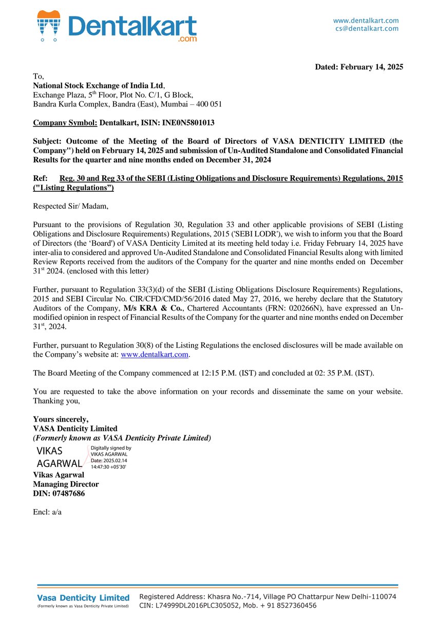nileshkurhade's tweet photo. 📌 Vasa Denticity Limited informed the exchange about its approval for the financial results for the period ended December 31, 2024. #SME #DENTALKART 📄🧾 https://t.co/5W5ydTgajq