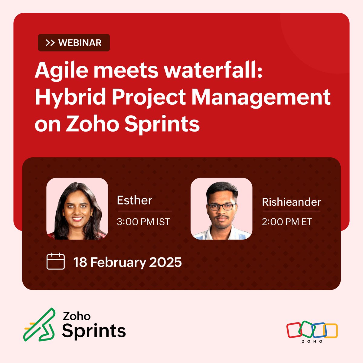 ZohoSprints's tweet image. 📈Discover how hybrid project management can revolutionize your projects in this expert-led live webinar featuring @ZohoSprints  and @ZohoProjects  
 
⬇️ Reserve your spot now!⌛

zurl.co/gTNOb 

#HybridPM #ZohoSprints #ZohoProjects #Agile #Waterfall