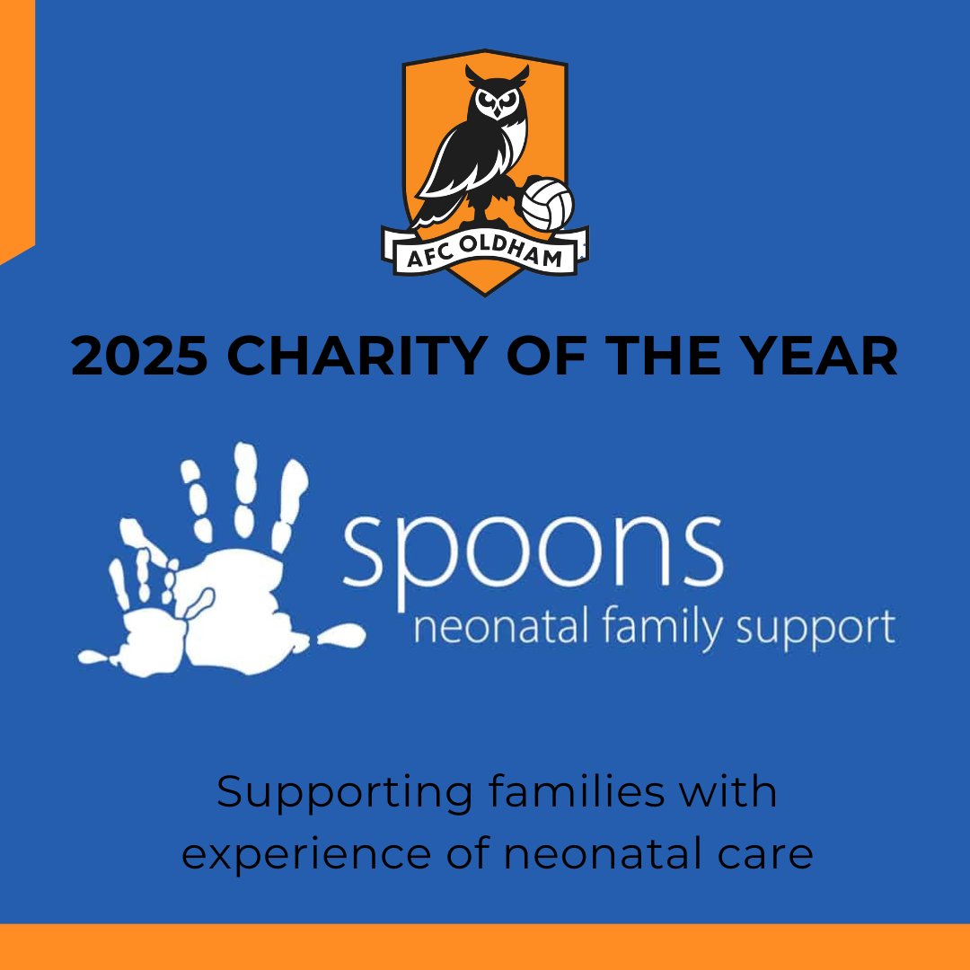 AFC Oldham π¦ (@afcoldham) on Twitter photo We are delighted to announce <a href="/SpoonsCharity/">Spoons Charity</a> as our 2025 Charity of the Year.Β π§‘π
We will be doing our best to raise much needed funds and awareness to the amazing work Spoons do for families with experience of neonatal care. We are delighted to announce <a href="/SpoonsCharity/">Spoons Charity</a> as our 2025 Charity of the Year.Β π§‘π
We will be doing our best to raise much needed funds and awareness to the amazing work Spoons do for families with experience of neonatal care.