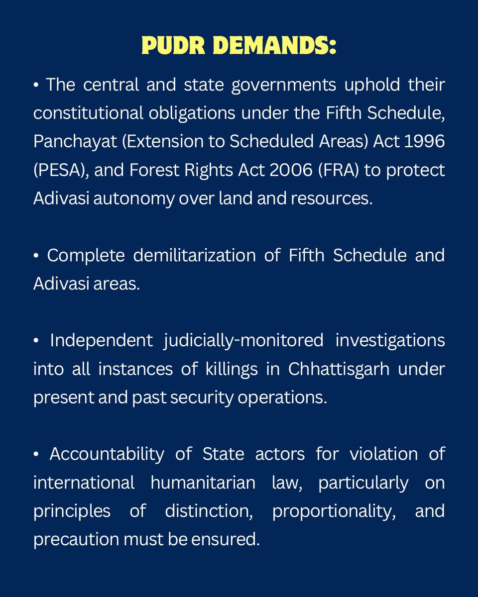 PUDR_Delhi's tweet photo. On 10th February, PUDR released a press statement condemning the central and state governments’ policy of securitization at the expense of people’s rights. 
Read full statement at https://t.co/RRUKWLsZy1
#adivasi #encounters #armedconflict #humanrights https://t.co/xsGEVOmOnh