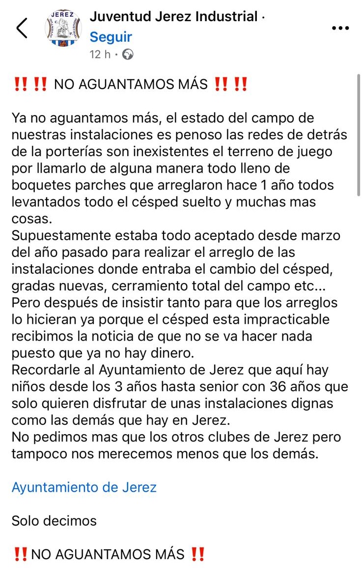 XerezFemFC's tweet photo. ⚠️ES INSOSTENIBLE ‼️

Compartimos todas las demandas de nuestros compañeros del Juventud Jerez Industrial con el que compartimos estas instalaciones en un estado paupérrimo 

1/4👇🏻 https://t.co/qpru70STFR