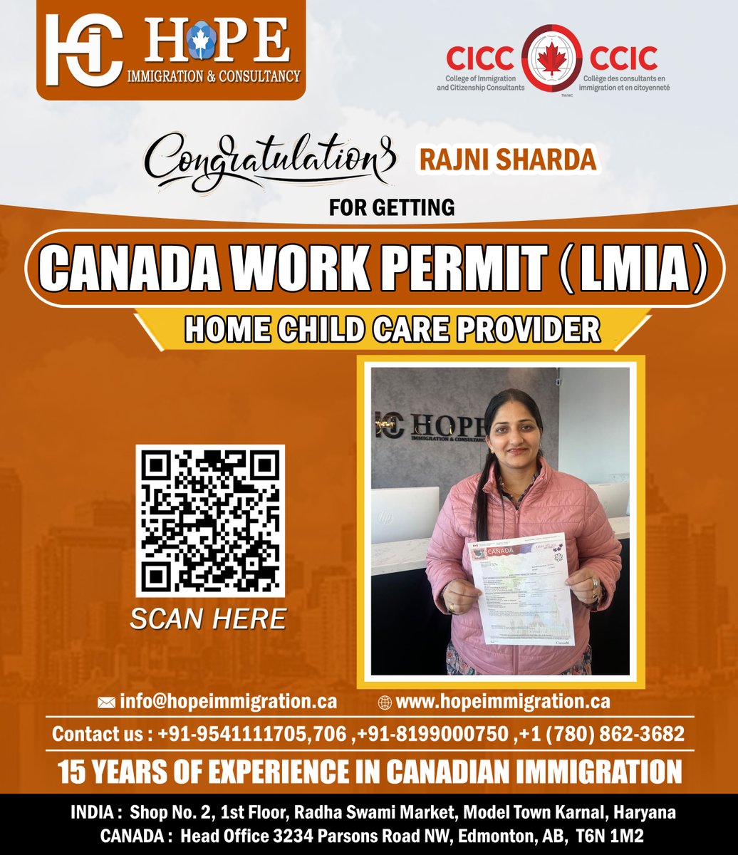 HopeImmigr1771's tweet image. Congratulations Rajni Sharda for the Canada Work Permit (LMIA) as a Home Child Care Provider. We wish her good luck in her future Endeavour.
#CanadianPR #spousalopenworkpermit #AdministrativeAssistant #canadianjobs #workpermitcanada #CanadaVisa #canadaworkpermit  #hopeimmigration