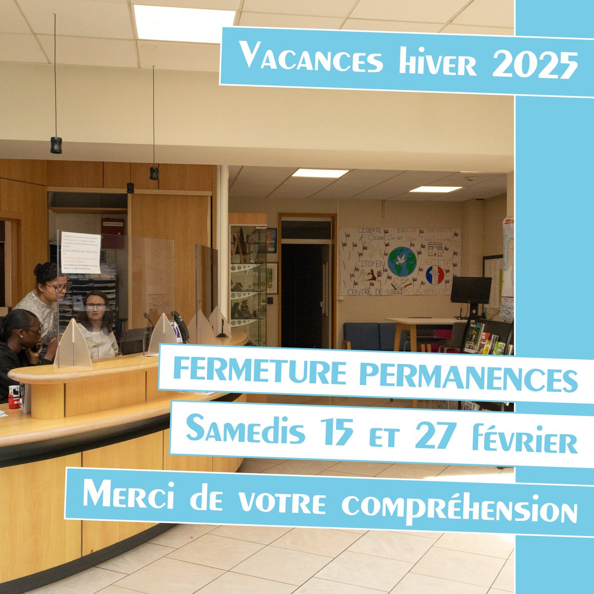Nos permanences seront exceptionnellement fermées les 𝘀𝗮𝗺𝗲𝗱𝗶𝘀 𝟭𝟱 𝗲𝘁 𝟮𝟮 𝗳𝗲́𝘃𝗿𝗶𝗲𝗿 𝟮𝟬𝟮𝟱. Nous serons ravis de vous retrouver dès le 𝘀𝗮𝗺𝗲𝗱𝗶 𝟭𝗲𝗿 𝗺𝗮𝗿𝘀 𝟮𝟬𝟮𝟱 pour la reprise de nos activités habituelles.

Merci de votre compréhension.

#oissel
