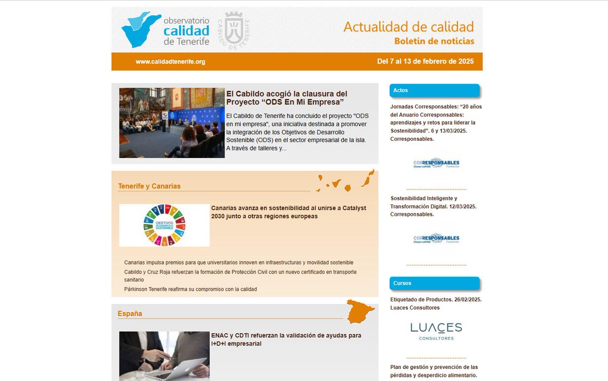 📢 Nuevo #Boletín de #Calidad disponible

🌍 <a href="/CabildoTenerife/">Cabildo de Tenerife</a>  acogió la clausura del proyecto ODS en mi empresa, promoviendo la integración de los #ODS en el sector empresarial.

🔗 Consulta aquí: calidadtenerife.org/?q=epublish/1/…