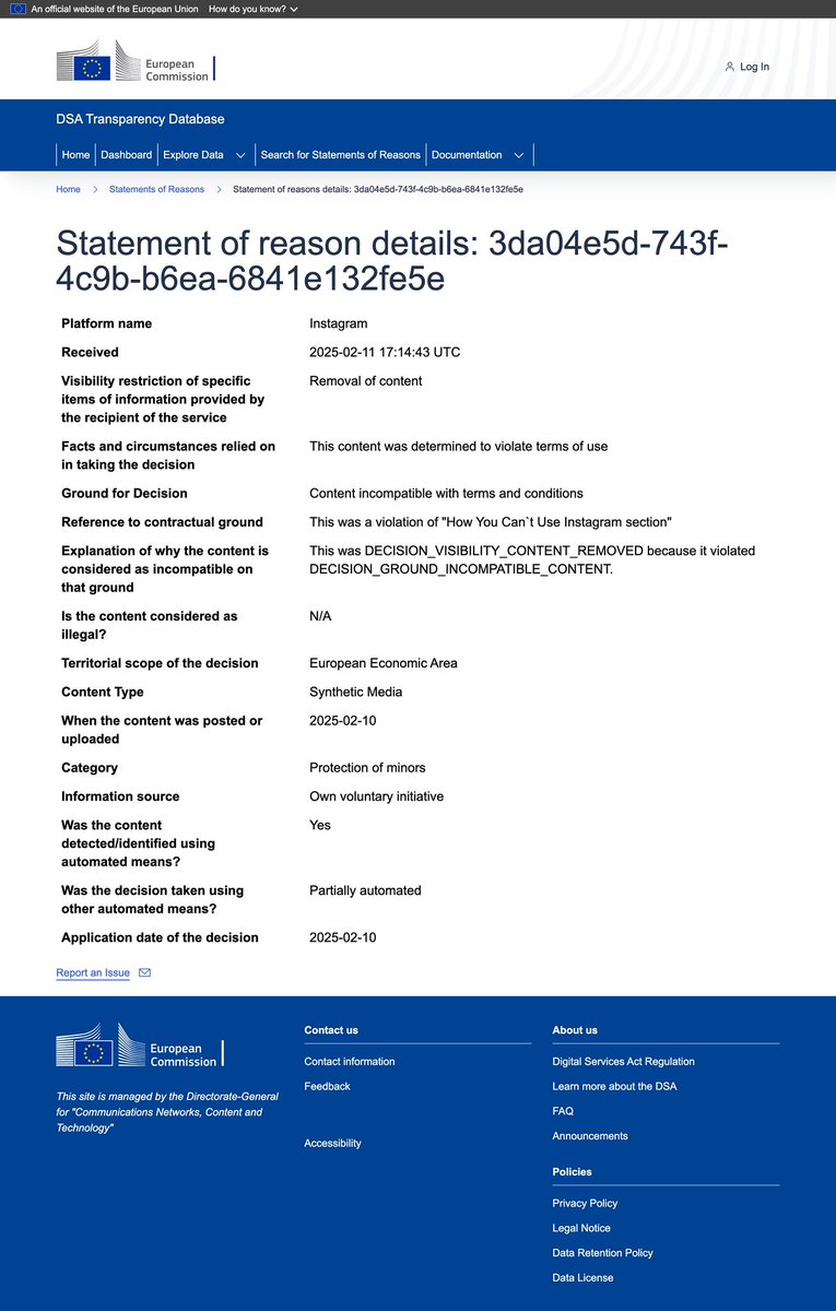 Welcome to the DSA transparency database! This is how the EU "ensures transparency" over content moderation decisions. While ofc I endorse the need for checks &amp; balances in content moderation, this is ludicrous. Per day (!) over 3 million of these "statements of reasons" are