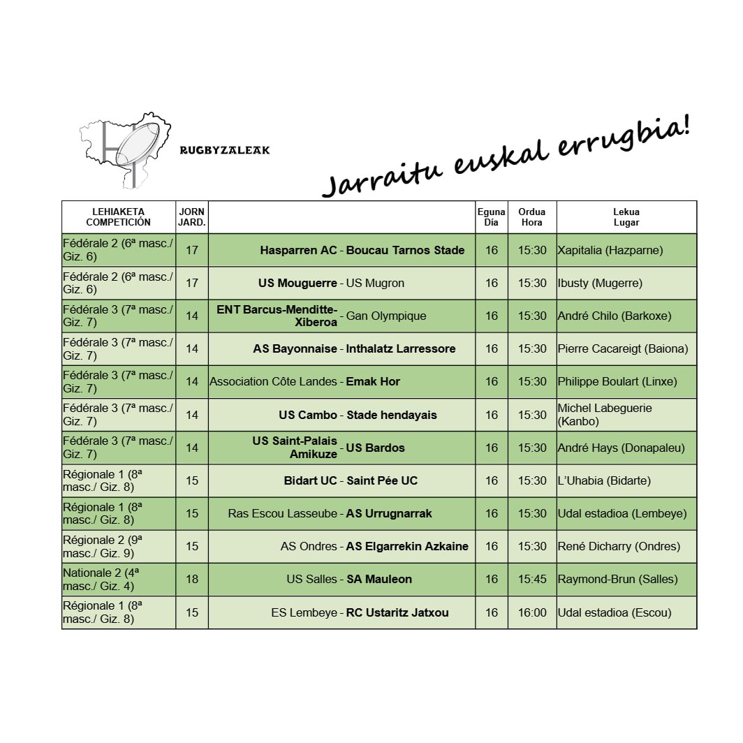 Jardunaldi berria euskal #errugbi taldeentzat!
Nationale 2n Angelu eta <a href="/sjlorugby/">SAINT-JEAN-DE-LUZ OLYMPIQUE RUGBY 🦅</a> arteko derbia ikusi ahal izango dugu!

#euskalherria 
#RugbyHerria