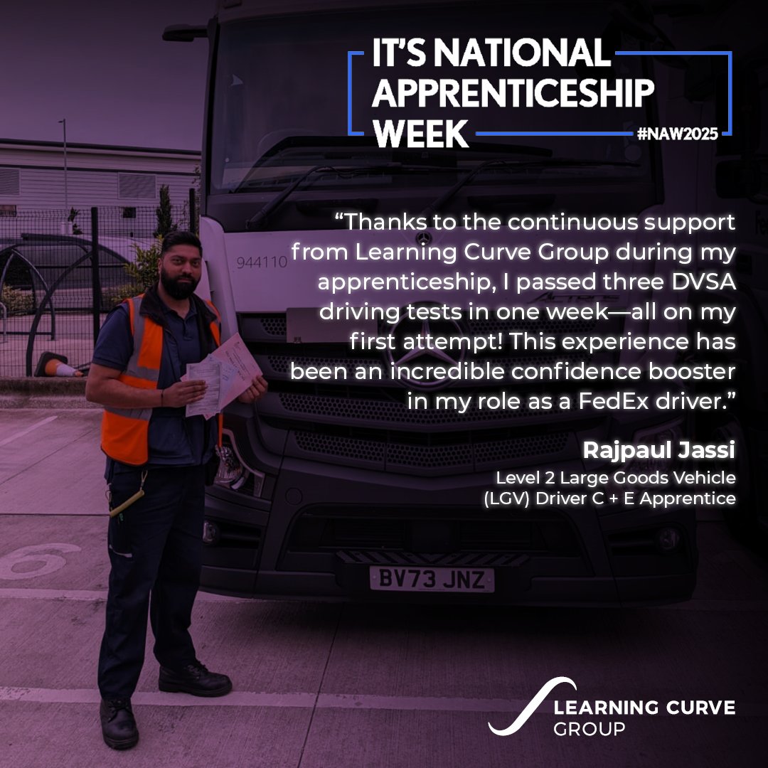 🎉 Celebrating Rajpaul Jassi’s success this National Apprenticeship Week! As a Level 2 LGV Driver C + E Apprentice, he passed three DVSA driving tests in one week—all on his first attempt with Learning Curve Group’s support! 
👉 Learn more: ow.ly/X3wI50UK846