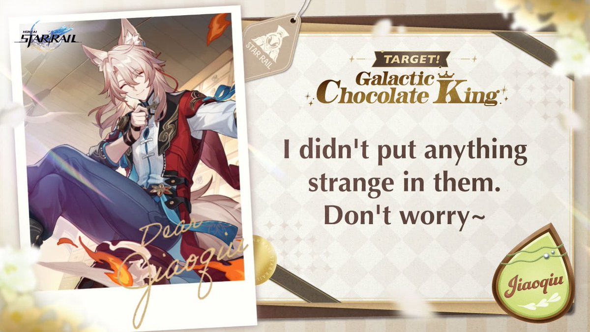 dehminaabo's tweet photo. #TargetGalacticChocolateKing
I want to give a gift to #Jiaoqiu

sir i pulled e6 for you please put something wild in these

🔻 Click the link below to make chocolate and receive response! Event will be open until 2/18.
https://t.co/v4DKKSi7fi

@honkaistarrail #HonkaiStarRail https://t.co/pmSWb37ZLP
